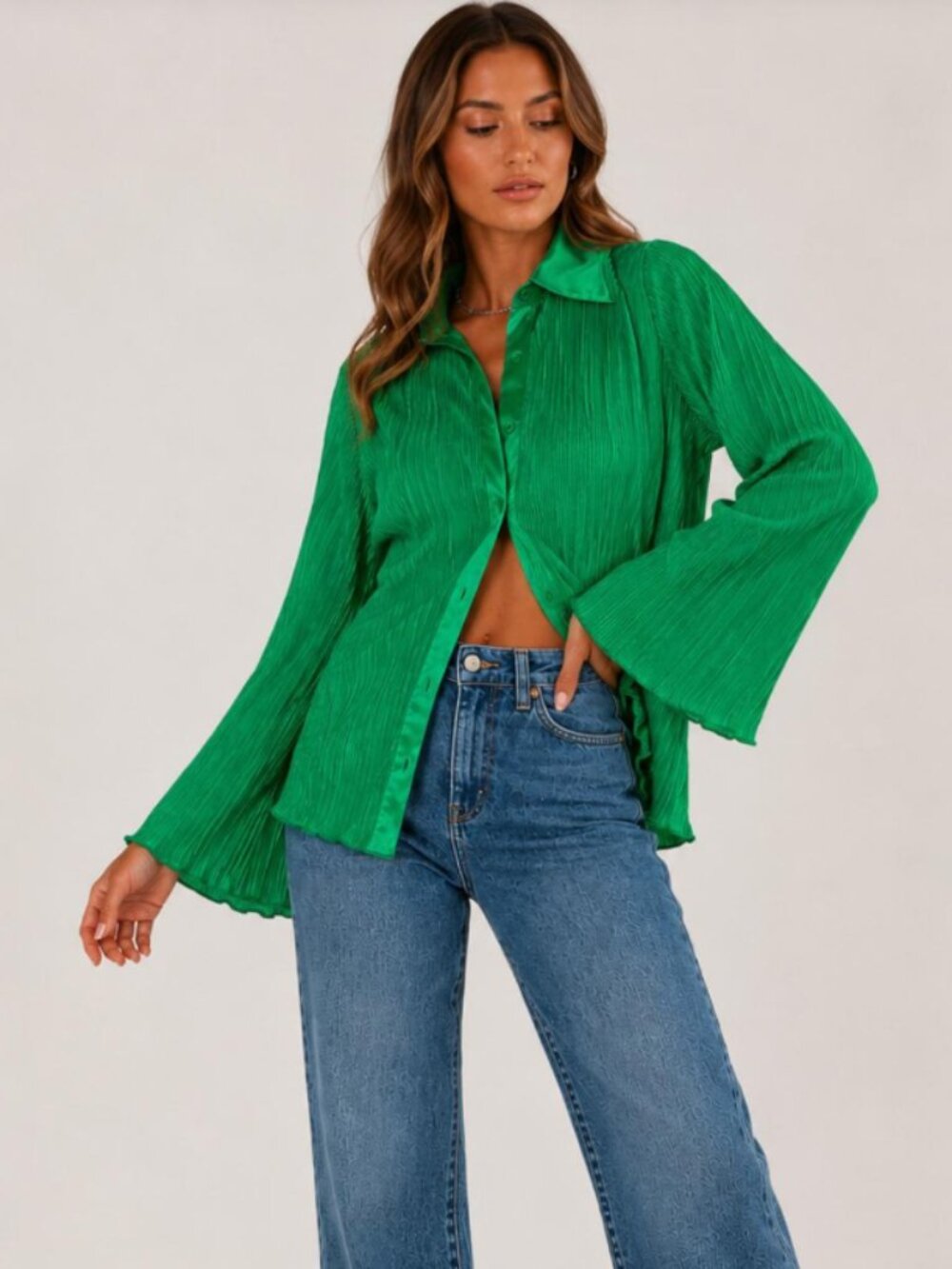 Peppermayo Plissé Satin Pleated Button Down Shirt Emerald Green Size 8